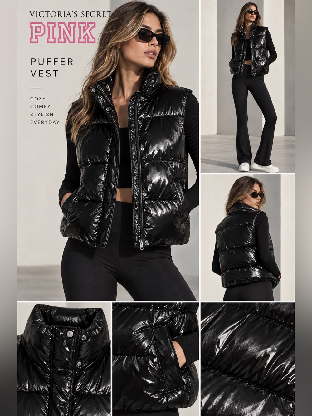 PINK Victoria's Secret Glossy Black Quilted Puffer Vest Sz XL NWT